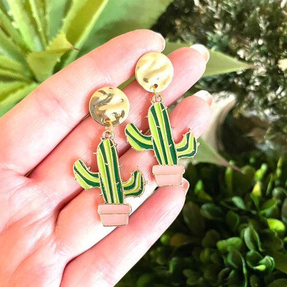 Gold Cactus Dangle Earrings - Picture 2 of 4
